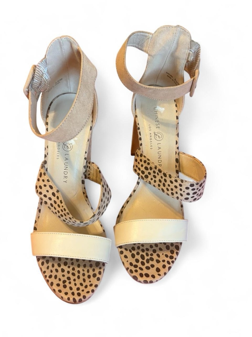 Chinese Laundry Beige & Leopard-Print Ankle-Strap Heels Sz 8.5